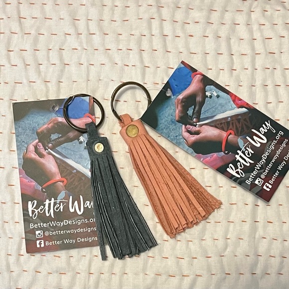 Suede Leather Tassel Keychains- set of 2 Gray & Pink - Picture 1 of 1